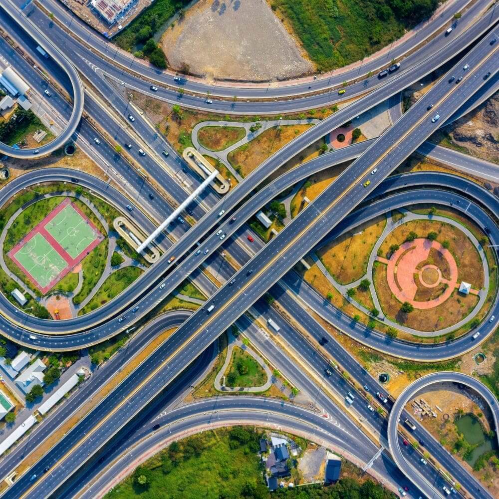 A view of an intersection from above.