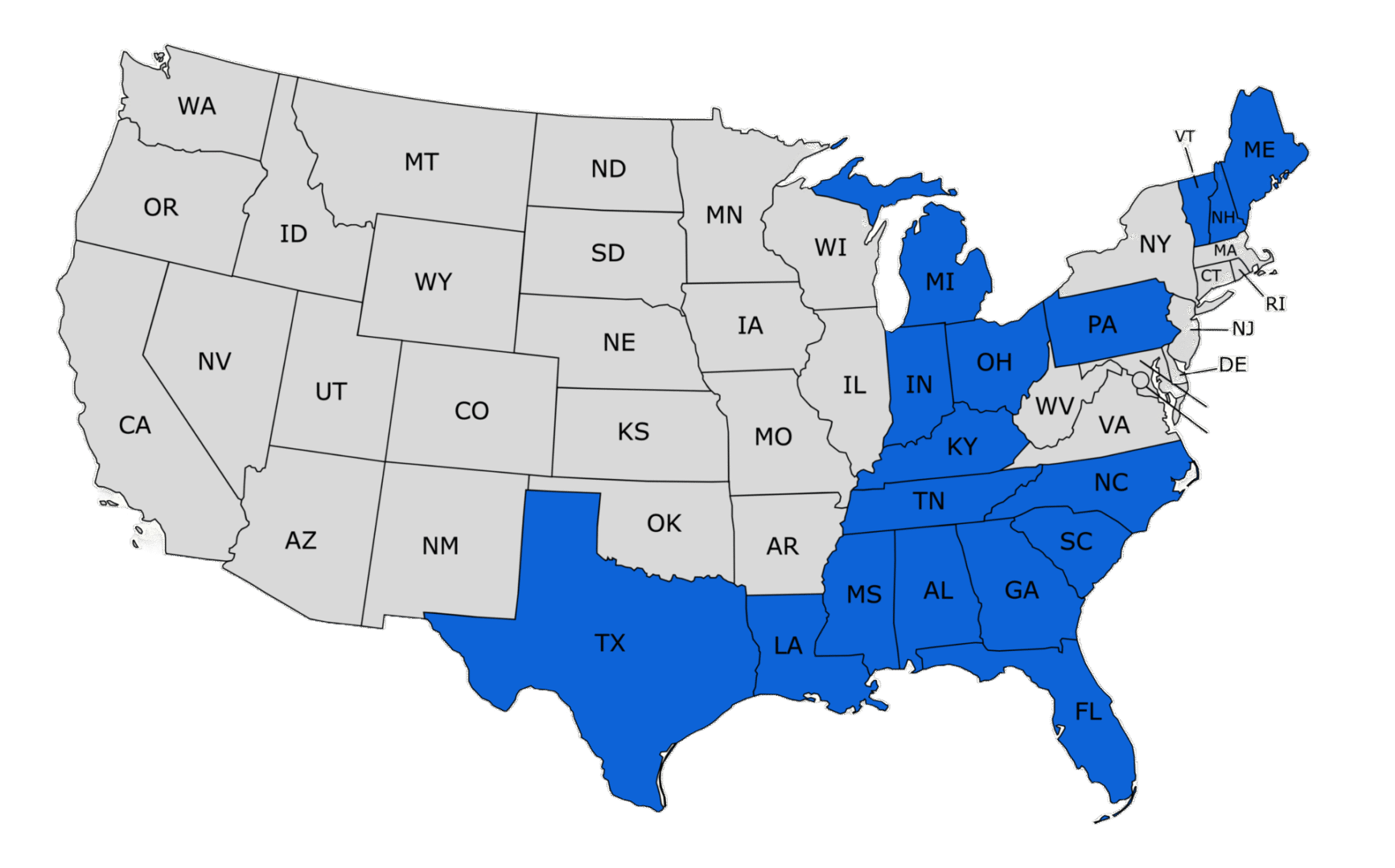 A map of the united states with each state labeled.