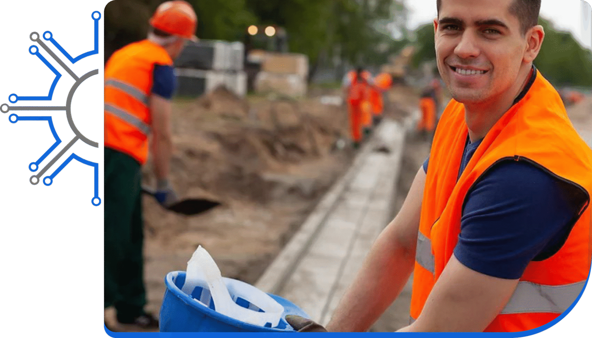 Group 1321316181 A man holding a blue bucket in front of construction workers.