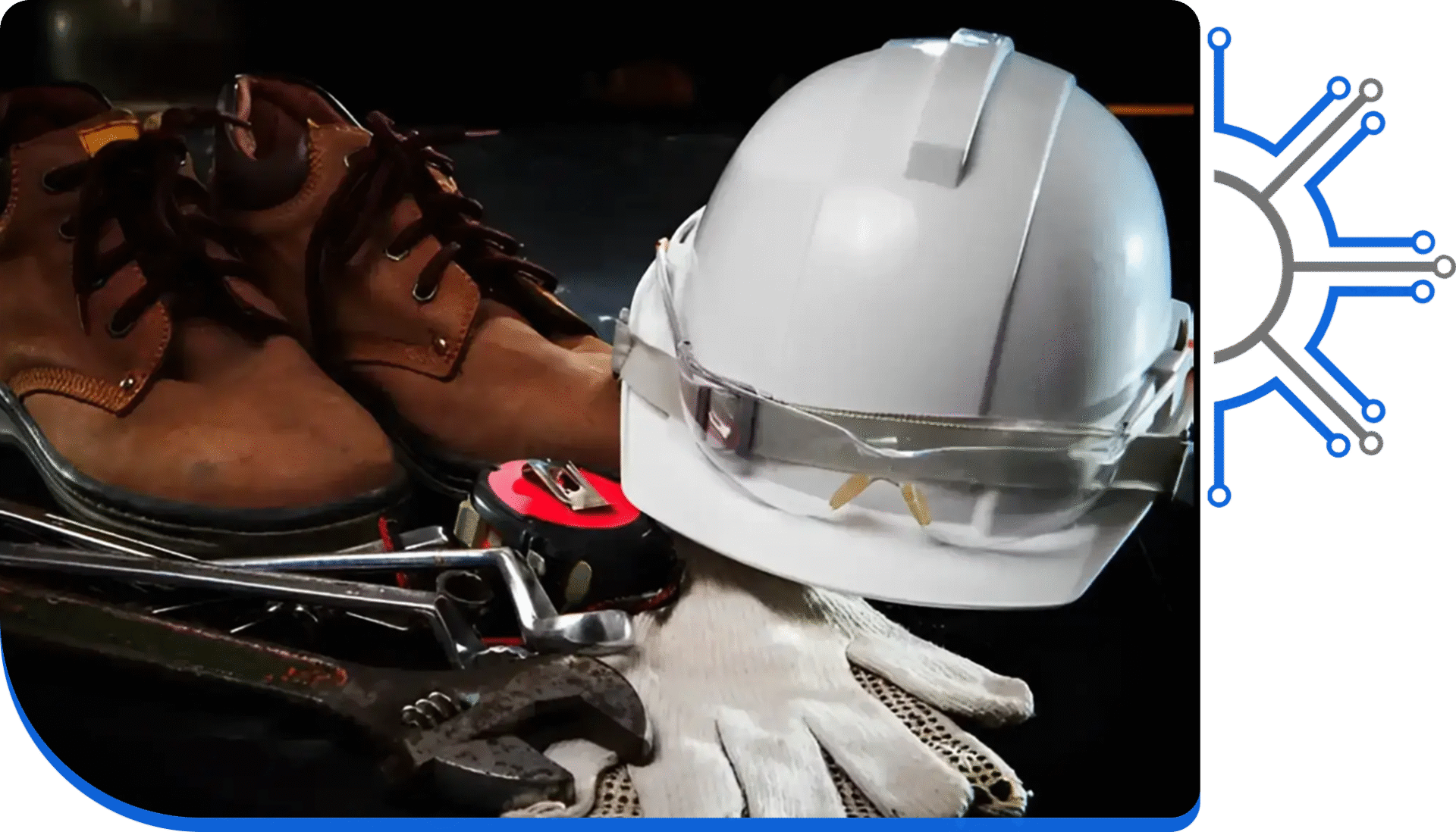 Group 1321316182 A white hard hat and some gloves on top of a table.