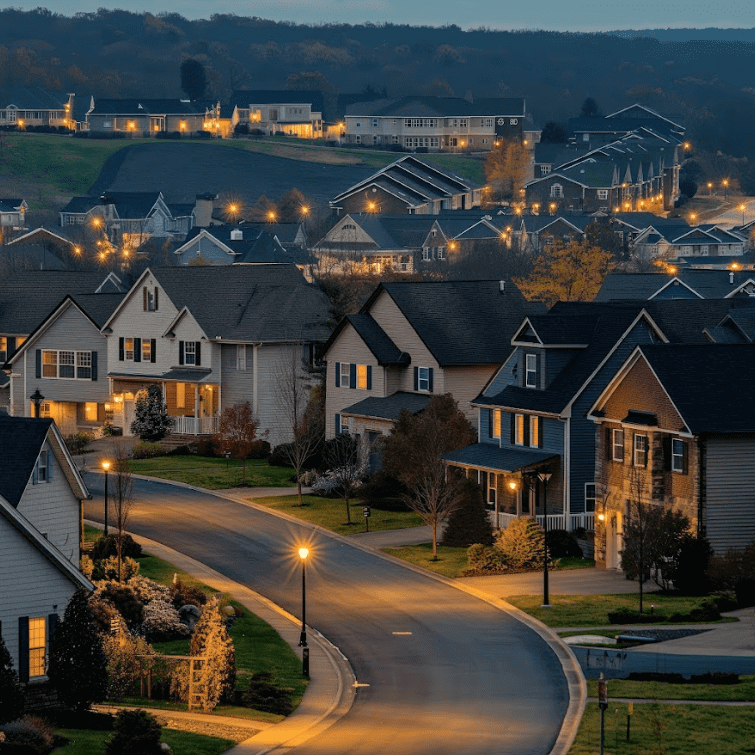 A view of houses at night with street lights.