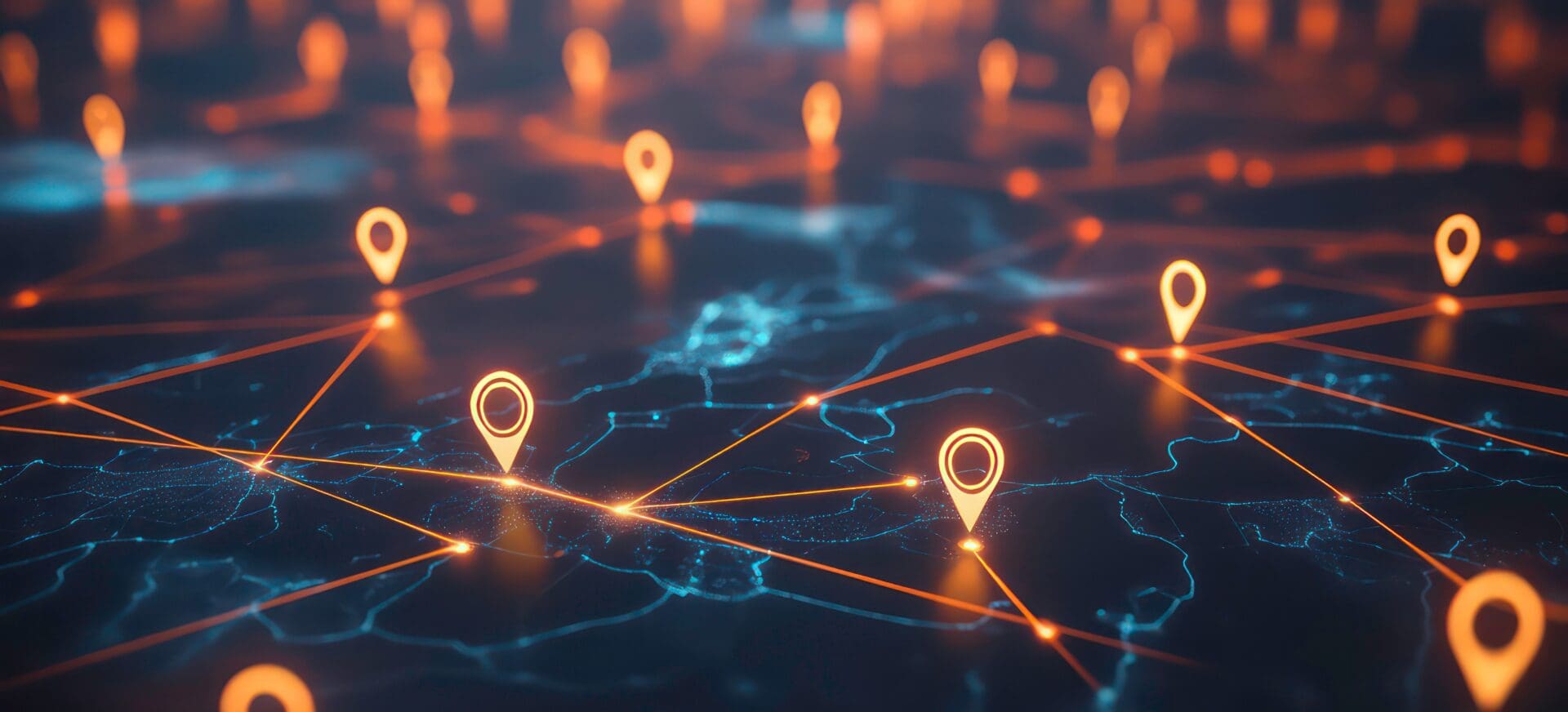 Map with glowing location pins and connections.