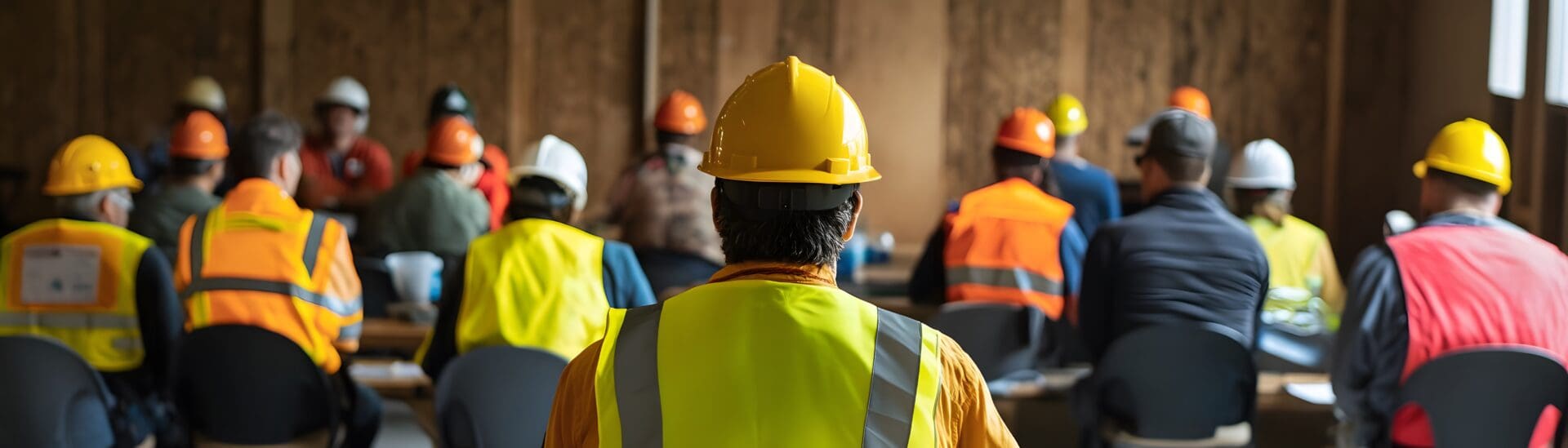 Construction workers in high-visibility vests at safety meeting