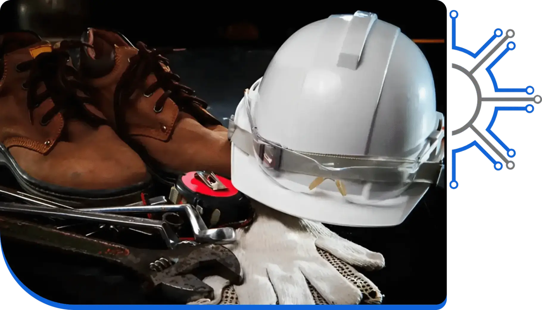 Safety gear: hard hat, boots, gloves, tools